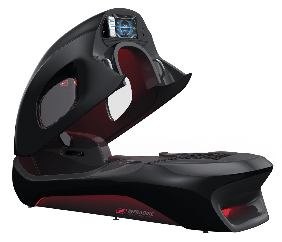 Vélo infrarouge InfraBike — pod ouvert, vue 3/4